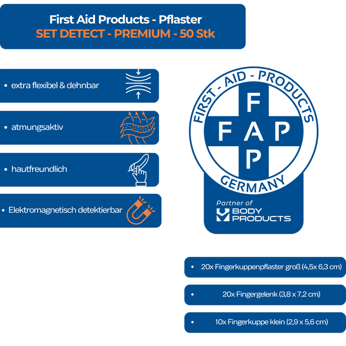 Pflaster-Set DETECT – extra flexibel & detektierbar – für Gastronomie, Fingergelenk & Fingerkuppe – 50 Stück – blau