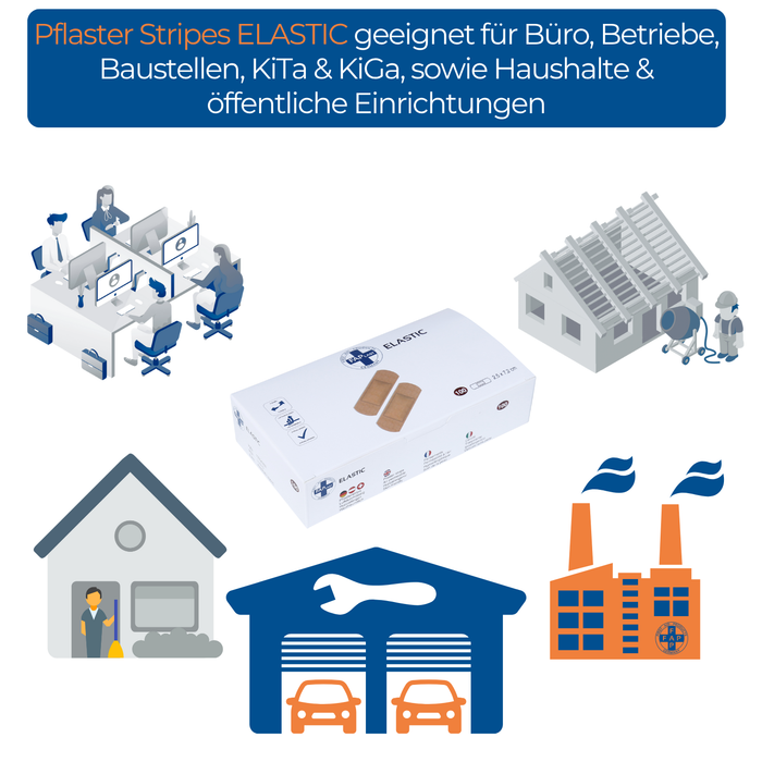 Wundpflaster ELASTIC Stripes - hautfreundlich & elastisch - 100 Stk in beige - für Büros, Betriebe, Verwaltung, Kitas, Kigas, Schulen, Haushalt, Kirchen, öffentliche Einrichtungen