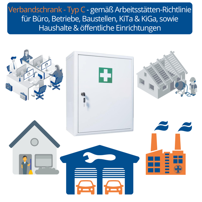 Verbandschrank C - Metall mit DIN 13157 Füllung – groß, flexibel und sicher - FAP First Aid Products -Arbeitsstätten Richtlinie