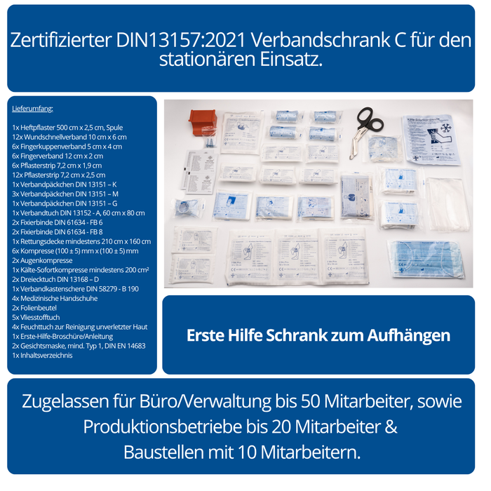 Verbandschrank C - Metall mit DIN 13157 Füllung (85-teilig) – 5 Fächer - abschließbar - 48,5x40x20 cm