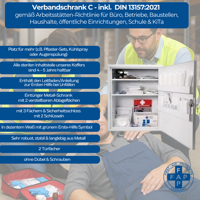Verbandschrank C - Metall mit DIN 13157 Füllung – groß, flexibel und sicher - FAP First Aid Products - key facts