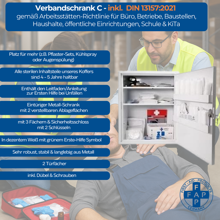 Verbandschrank C - Metall mit DIN 13157 Füllung (85-teilig) – 5 Fächer - abschließbar - 48,5x40x20 cm