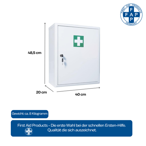 Verbandschrank C - Metall, weiß - mit DIN 13169 – groß, sicher und flexibel - FAP First Aid Products - Maße und Gewicht