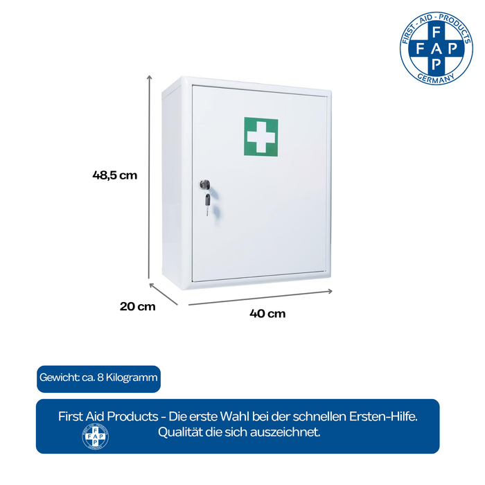 Verbandschrank C - Metall, weiß - mit DIN 13169 – groß, sicher und flexibel - FAP First Aid Products - Maße und Gewicht