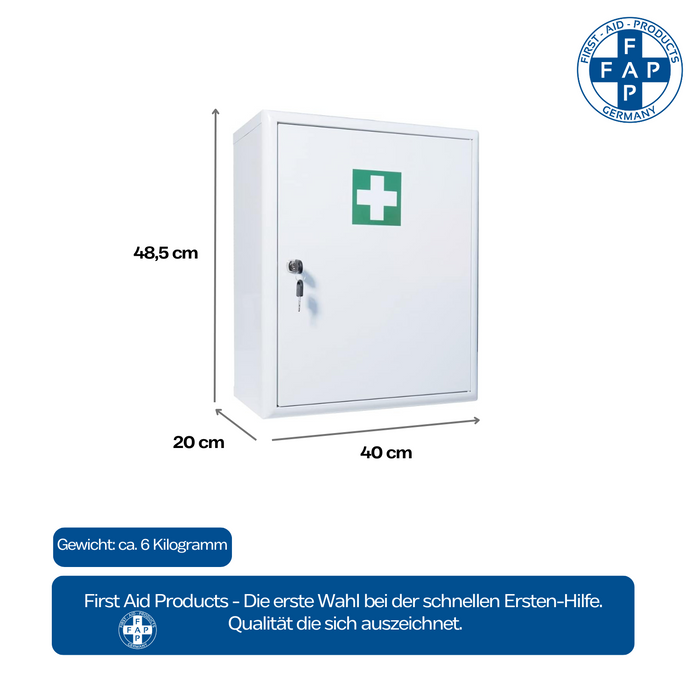 Verbandschrank C – Metall – leer – für DIN 13169 & 13157 Füllungen - FAP First Aid Products - Maße und Gewicht