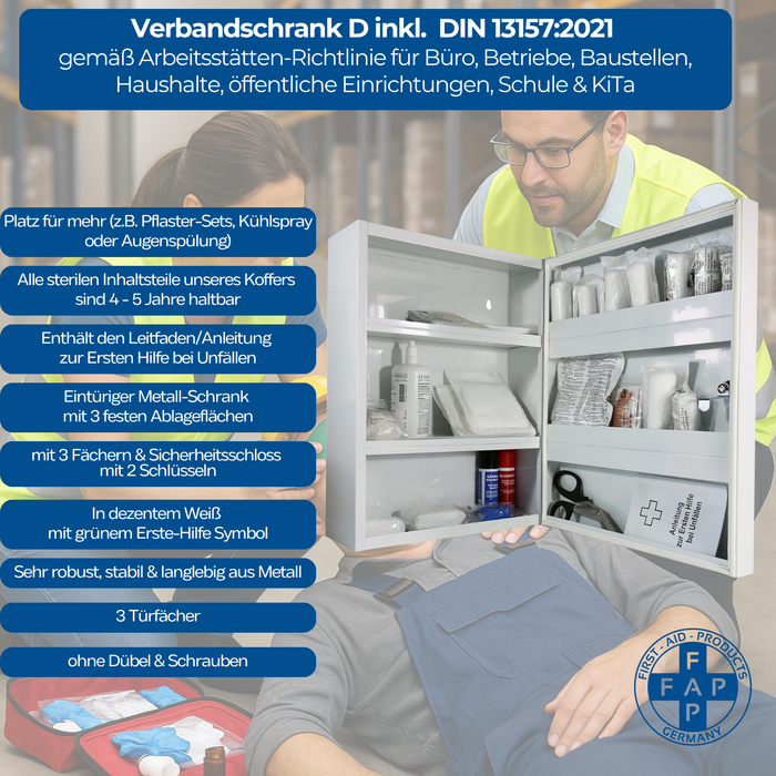 Verbandschrank D - Metall, weiß - inklusive DIN 13157 – mit Gummidichtung - FAP First Aid Products - Key Facts