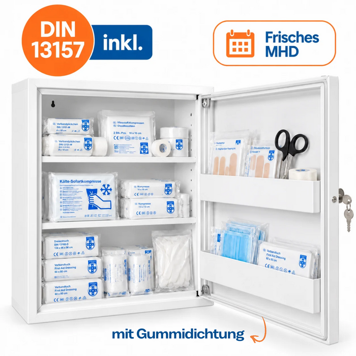 Verbandschrank D mit DIN 13157 Füllung (85-teilig) - Metall mit Gummidichtung - 48,5x40x15 cm