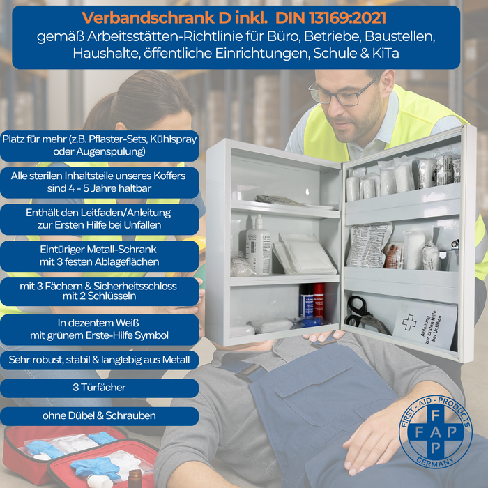 Verbandschrank D - Metall, weiß -  inkl. DIN 13169 Füllung – Gummidichtung - FAP First Aid Products - Ausstattung