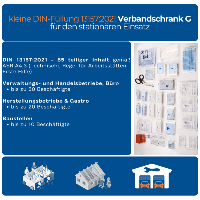 Verbandschrank G inkl. DIN 13157 – Metall, weiß, zweitürig – viel Stauraum - FAP First Aid Products - geeignet für folgende Betriebe