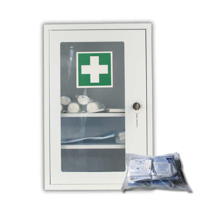 Verbandschrank F mit DIN 13157 Füllung – Metall, pulverbeschichtet, 1-türig mit Sichtfenster & Sicherheitsschloss – Weiß, 46×30×14 cm