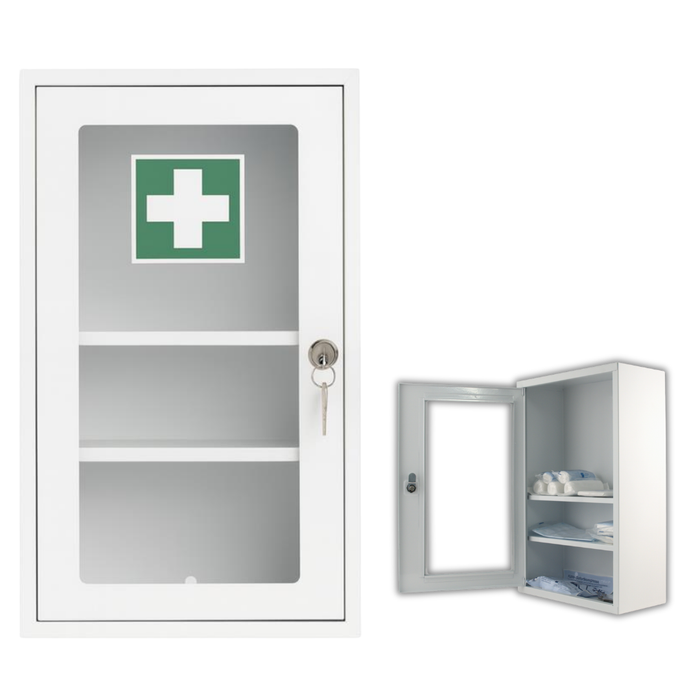 Verbandschrank F (leer) – Metall, pulverbeschichtet, 1-türig mit Sichtfenster & Sicherheitsschloss – passend für DIN 13157 Füllung – Weiß, 46×30×14 cm