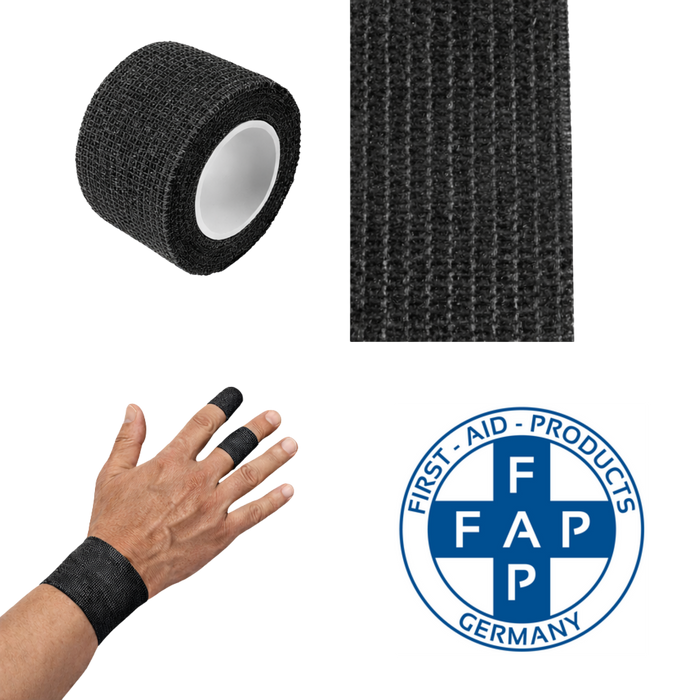 Finger-Schnellverband schwarz - elastisch , selbsthaftend (kohäsiv), wasserfest – 2,5 cm × 5 m