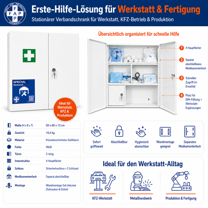 Erste-Hilfe-Schrank Werkstatt DIN 13169 - zweitürig