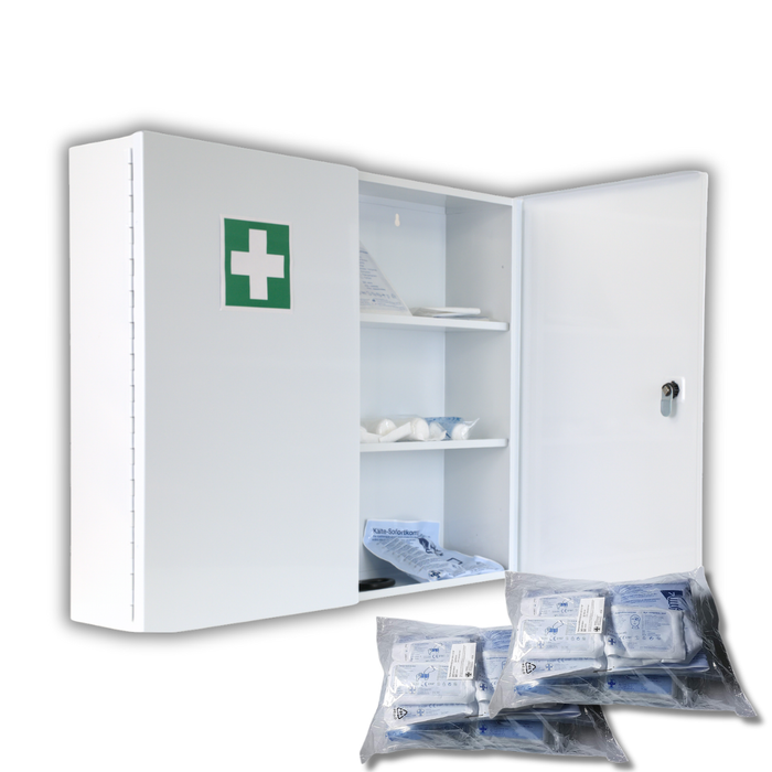 Verbandschrank G mit großer DIN 13169 Füllung (167-teilig) – Metall, zweitürig – Medikamentenfach & Stauraum - 60x50x13 cm
