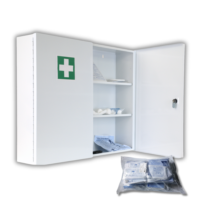 Verbandschrank G mit DIN 13157 Füllung (85-teilig) – Metall, zweitürig – Medikamentenfach & Stauraum - 60x50x13 cm