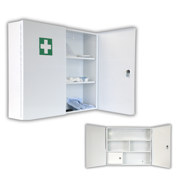 Verbandschrank G (leer) – zweitürig aus Metall – 3 Fächer – abschließbar – Weiß – für DIN 13157 & 13169 Füllungen - 60x50x13 cm