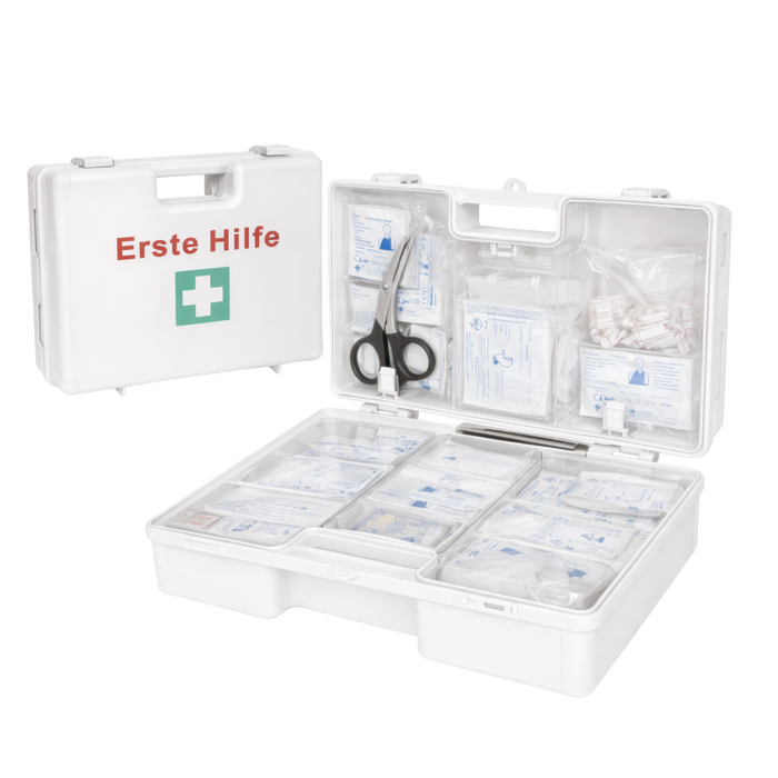 Erste-Hilfe-Koffer LARGE inkl. DIN 13169 - weiß – mit Halterung & Schrauben - 42x15x33 cm