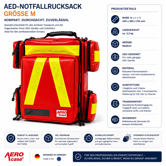 AEROcase AED-Notfallrucksack Größe M - unbefüllt - rot mit Reflektoren