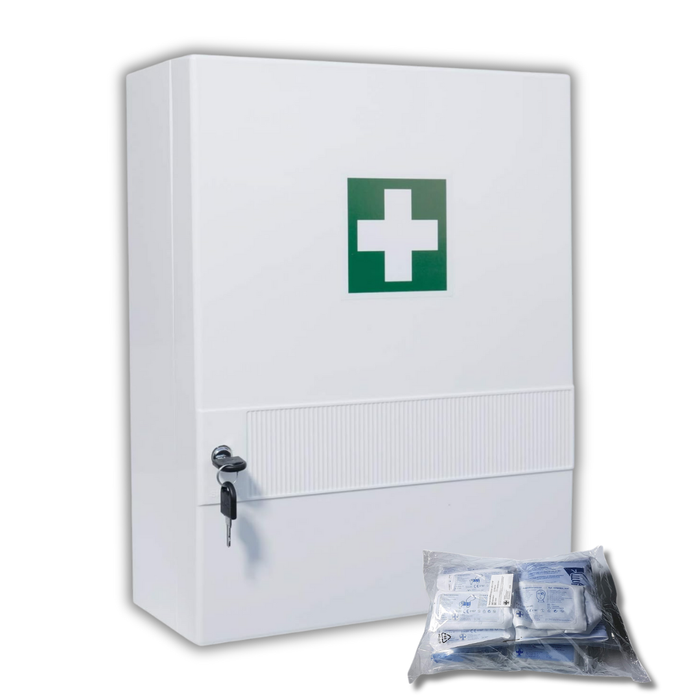 Verbandschrank K mit kleiner DIN 13157 Füllung – Kunststoff, 10 Fächer, Sicherheitsschloss - 45x34,5x16 cm