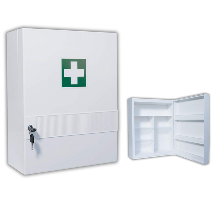 Verbandschrank K (leer) – Kunststoff, 10 Fächer, Sicherheitsschloss - für DIN 13157 Füllung - 45x34,5x16 cm