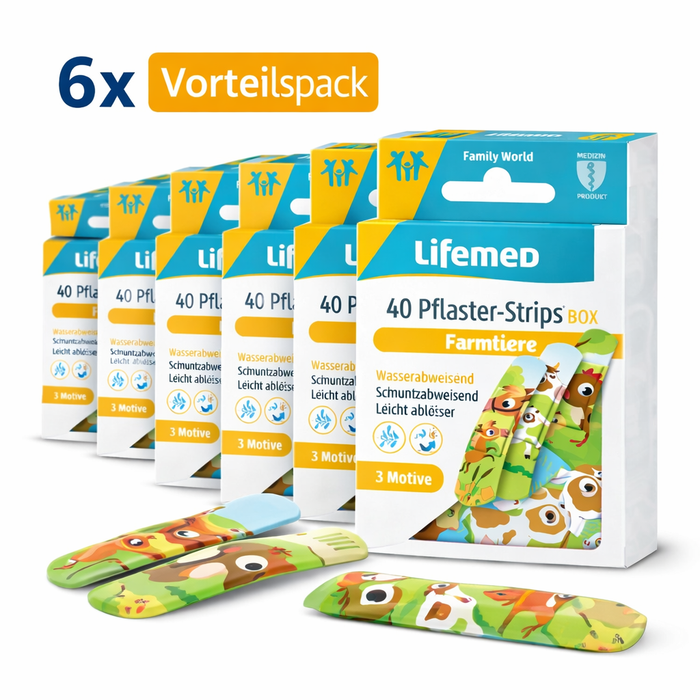 Kinderpflaster Farmtiere - Pflasterstrips 6 x 1,7 cm - Kombibox 240 Stück (6 x 40) - latexfrei, atmungsaktiv, farbig