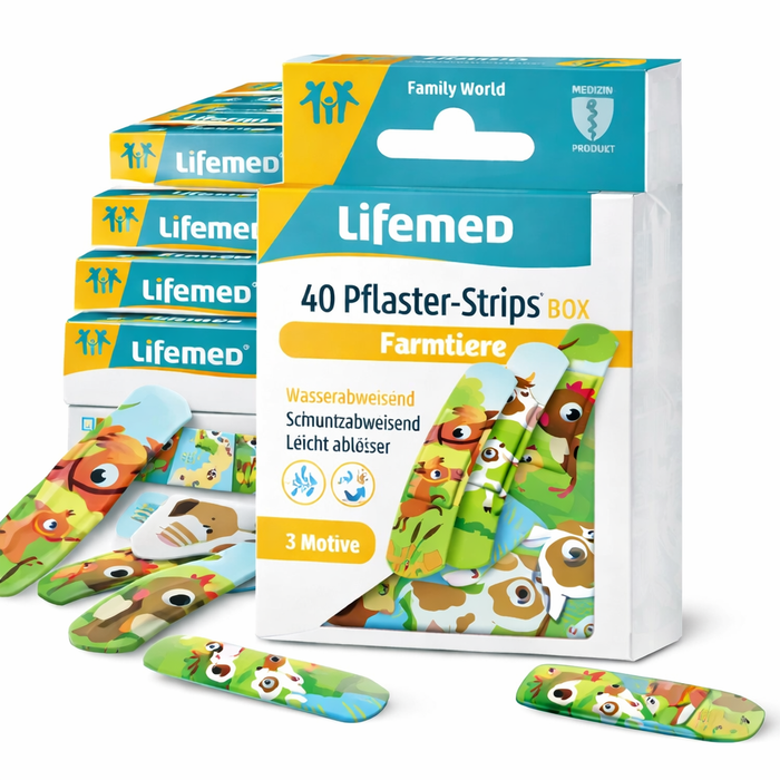Kinderpflaster Farmtiere - Pflasterstrips 6 x 1,7 cm - Kombibox 240 Stück (6 x 40) - latexfrei, atmungsaktiv, farbig