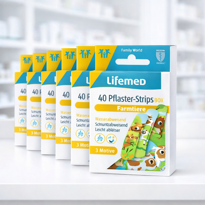 Kinderpflaster Farmtiere - Pflasterstrips 6 x 1,7 cm - Kombibox 240 Stück (6 x 40) - latexfrei, atmungsaktiv, farbig