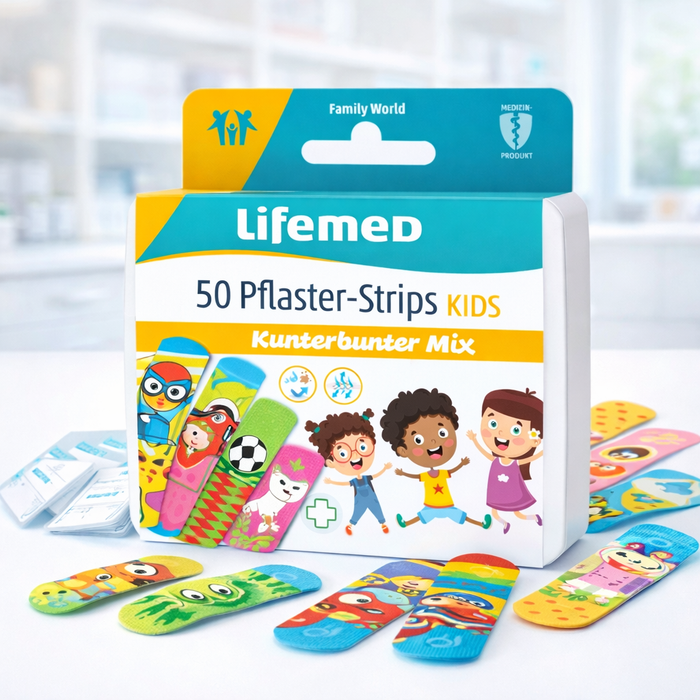Kinderpflaster Kunterbunter Mix - Pflasterstrips 6 x 1,7 cm - 50 Stück - latexfrei, atmungsaktiv, wasser- und schmutzabweisend