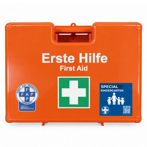 Koffer Kindergarten und Kitas Branche orange mit DIN 13157 und Zusatzprodukten