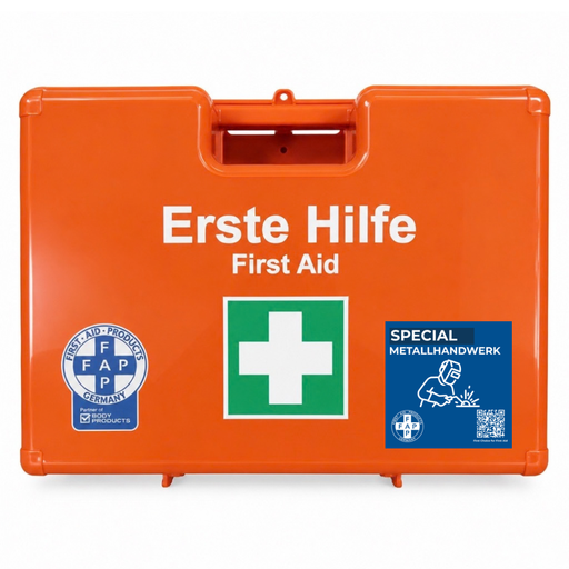 Koffer Metallhandwerk Branche orange mit DIN 13157 und Zusatzprodukten