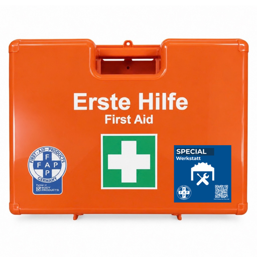 Koffer Werkstatt Branche orange mit DIN 13157 und Zusatzprodukten