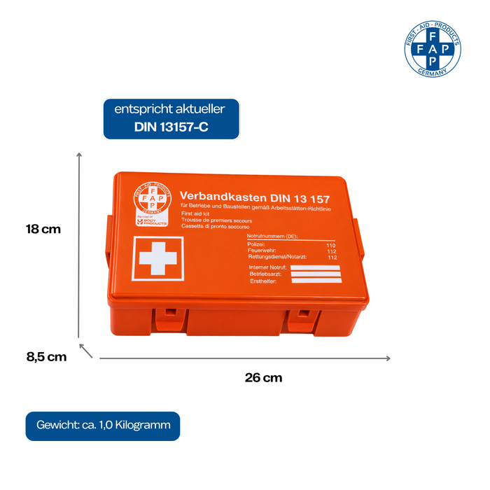 Verbandkasten Typ C mit DIN 13157 Füllung - orange - kompakt & robust - für Büro, Haushalt & Freizeit - 26 × 8,5 × 18 cm