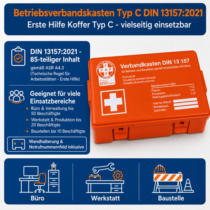 Verbandkasten Typ C mit DIN 13157 Füllung - orange - kompakt & robust - für Büro, Haushalt & Freizeit - 26 × 8,5 × 18 cm