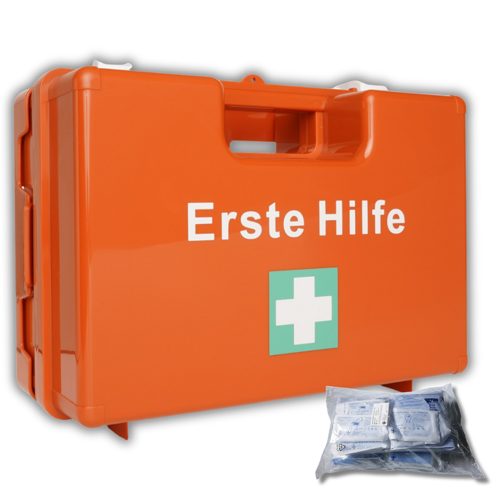 Erste-Hilfe-Koffer LARGE inkl. DIN 13157 - orange – mit Halterung & Schrauben - 42x15x33 cm