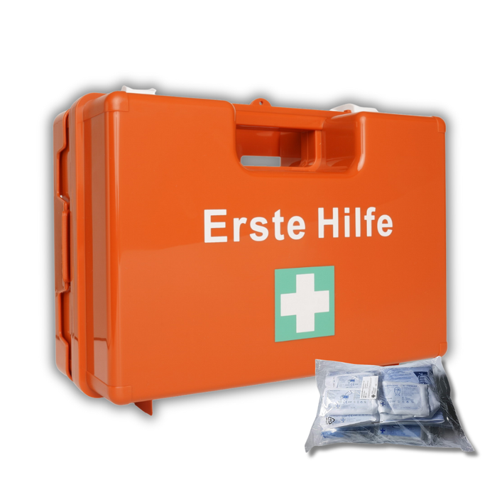 Erste-Hilfe-Koffer MEDIUM inkl. DIN 13157 Füllung mit Wandhalterung & Schrauben - orange - 34x12x24 cm