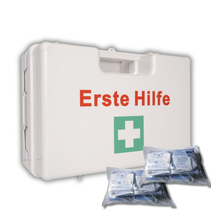 Erste-Hilfe-Koffer MEDIUM inkl. DIN 13169 Füllung - weiß - mit Halterung & Schrauben - 34x12x24 cm