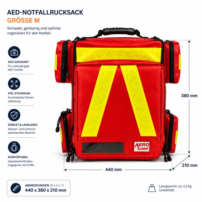AEROcase AED-Notfallrucksack Größe M - unbefüllt - rot mit Reflektoren