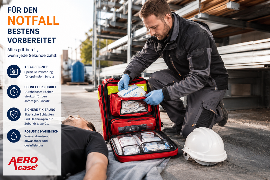 AEROcase AED-Notfallrucksack Größe M - unbefüllt - rot mit Reflektoren