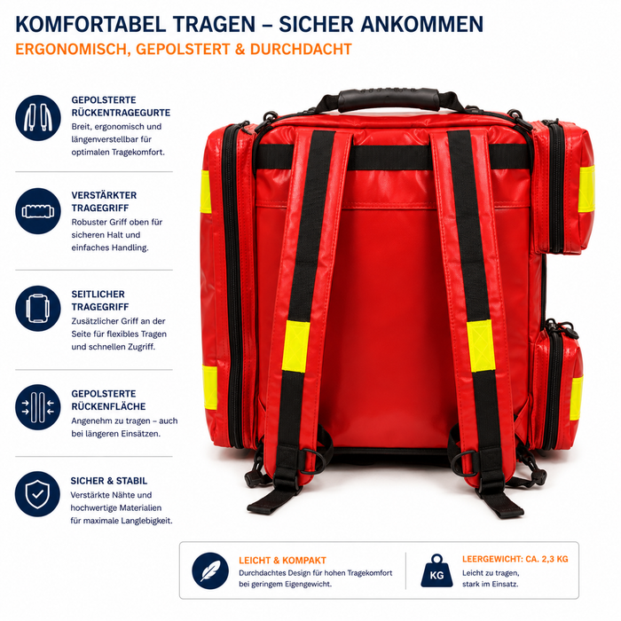 AEROcase AED-Notfallrucksack Größe M - unbefüllt - rot mit Reflektoren