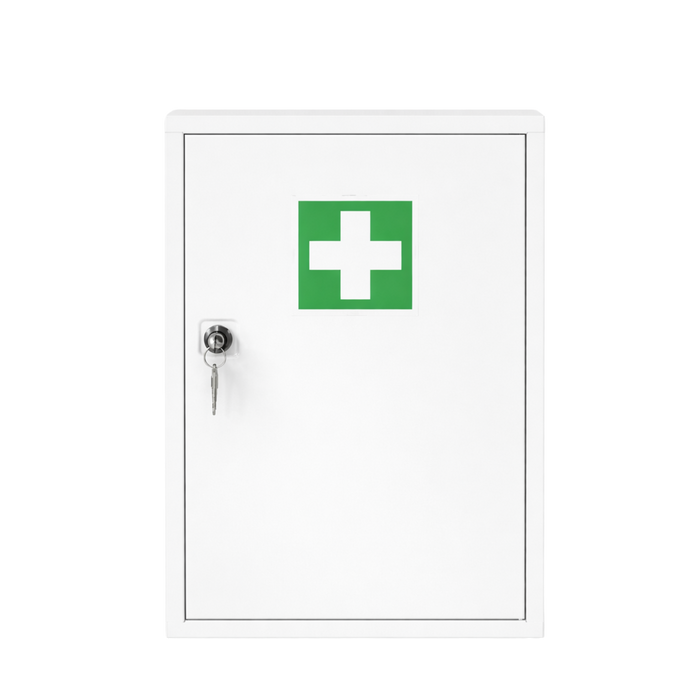 Verbandschrank A leer – Metall – 2 Fächer – Weiß - inkl. Schloss – für DIN 13157 Füllung, 37x30x14 cm
