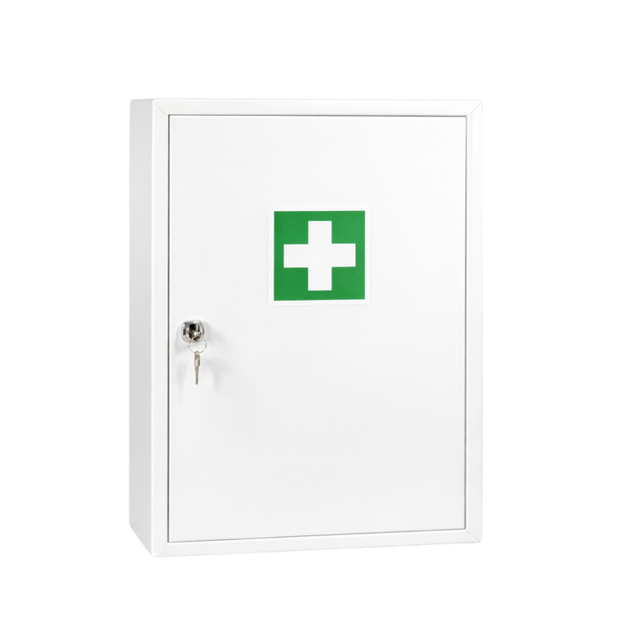 Verbandschrank C – Metall - weiß – leer – für DIN 13169 & 13157 Füllungen - 5 Fächer - abschließbar - 48,5x40x20 cm