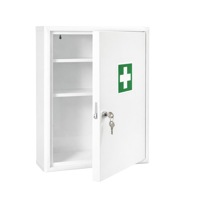 Verbandschrank C – Metall - weiß – leer – für DIN 13169 & 13157 Füllungen - 5 Fächer - abschließbar - 48,5x40x20 cm