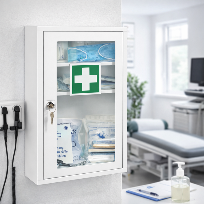 Verbandschrank F mit DIN 13157 Füllung - Metall, pulverbeschichtet, 1-türig mit Sichtfenster & Sicherheitsschloss – Weiß, 46×30×14 cm