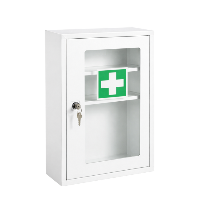 Verbandschrank F mit DIN 13157 Füllung - Metall, pulverbeschichtet, 1-türig mit Sichtfenster & Sicherheitsschloss – Weiß, 46×30×14 cm