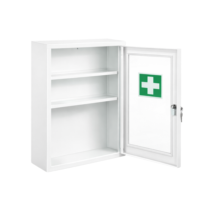 Verbandschrank F mit DIN 13157 Füllung - Metall, pulverbeschichtet, 1-türig mit Sichtfenster & Sicherheitsschloss – Weiß, 46×30×14 cm