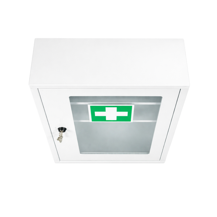 Verbandschrank F mit DIN 13157 Füllung - Metall, pulverbeschichtet, 1-türig mit Sichtfenster & Sicherheitsschloss – Weiß, 46×30×14 cm