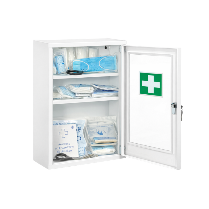Verbandschrank F mit DIN 13157 Füllung - Metall, pulverbeschichtet, 1-türig mit Sichtfenster & Sicherheitsschloss – Weiß, 46×30×14 cm