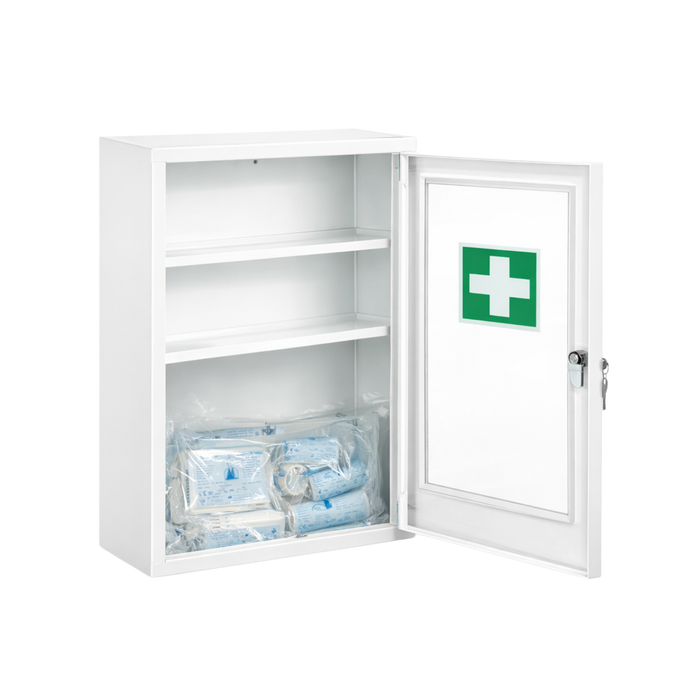 Verbandschrank F mit DIN 13157 Füllung - Metall, pulverbeschichtet, 1-türig mit Sichtfenster & Sicherheitsschloss – Weiß, 46×30×14 cm
