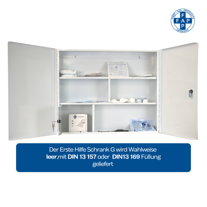 Verbandschrank G, leer – zweitürig - Metall – Weiß – DIN 13157 & 13169 - FAP First Aid Products - für DIN Füllungen geeignet