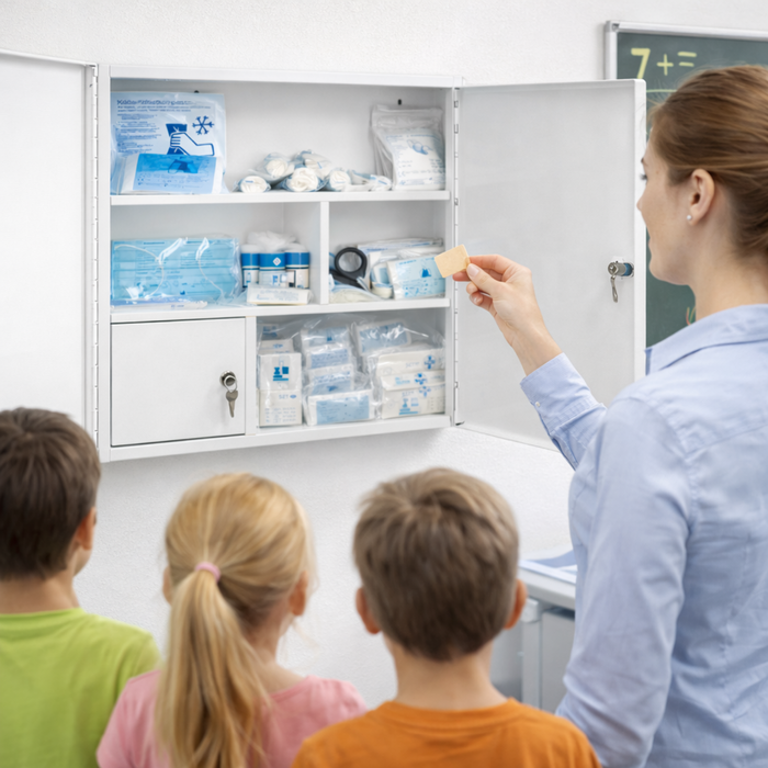 Verbandschrank G (leer) – zweitürig aus Metall – 3 Fächer – abschließbar – Weiß – für DIN 13157 & 13169 Füllungen - 60x50x13 cm